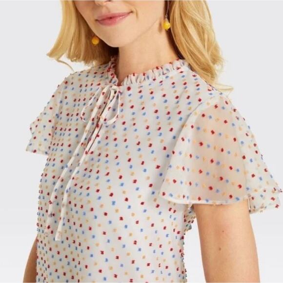 Draper James Women's White Dot Flutter Sleeve Blouse Size Medium Rainbow Polka - Picture 11 of 12